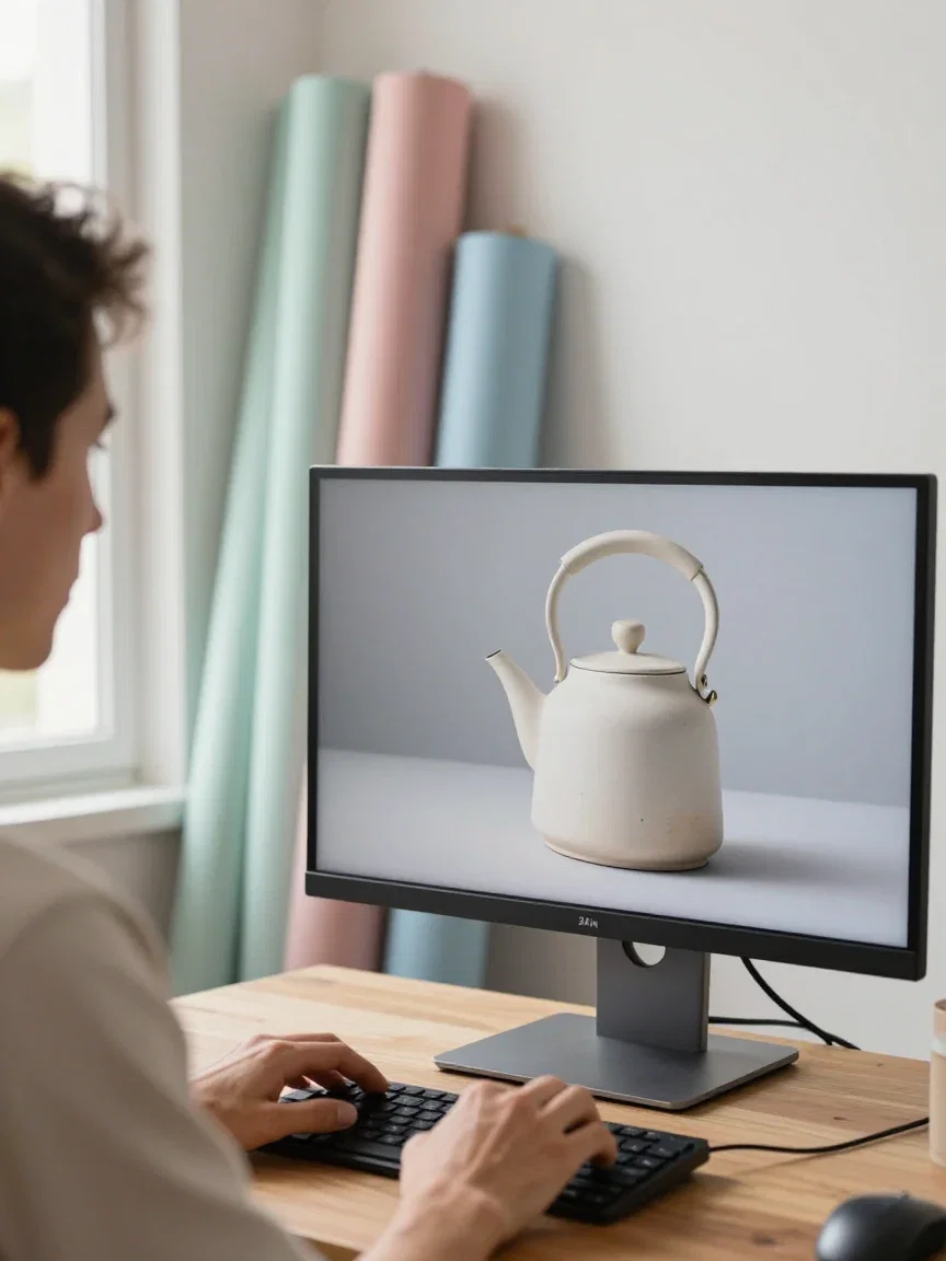 Product photographer reviewing kettle shots on a monitor beside pastel backdrop rolls, generated on FluxoKit
