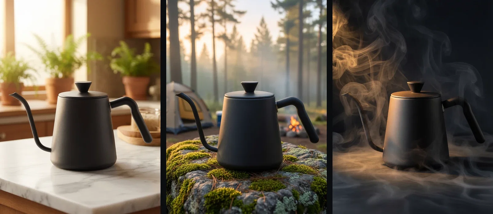 Three background replacements of the same kettle photo: kitchen counter, dawn campsite, and dark slate spotlight, on FluxoKit