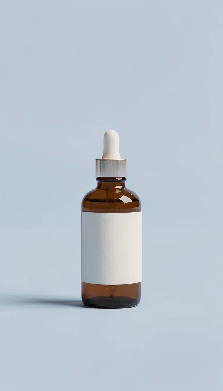 The same amber bottle on a clean studio background after AI background removal on FluxoKit