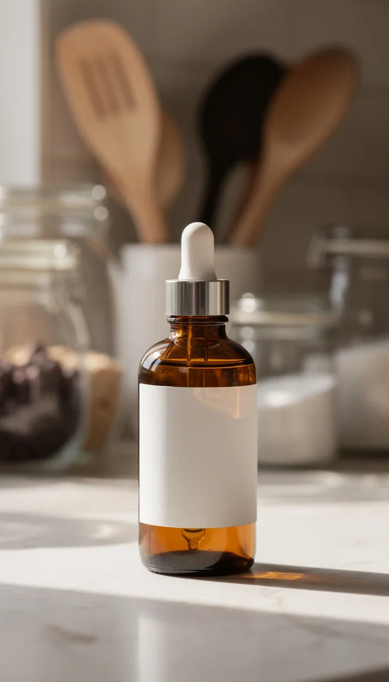Amber cosmetic bottle standing on a cluttered kitchen counter before AI background removal on FluxoKit