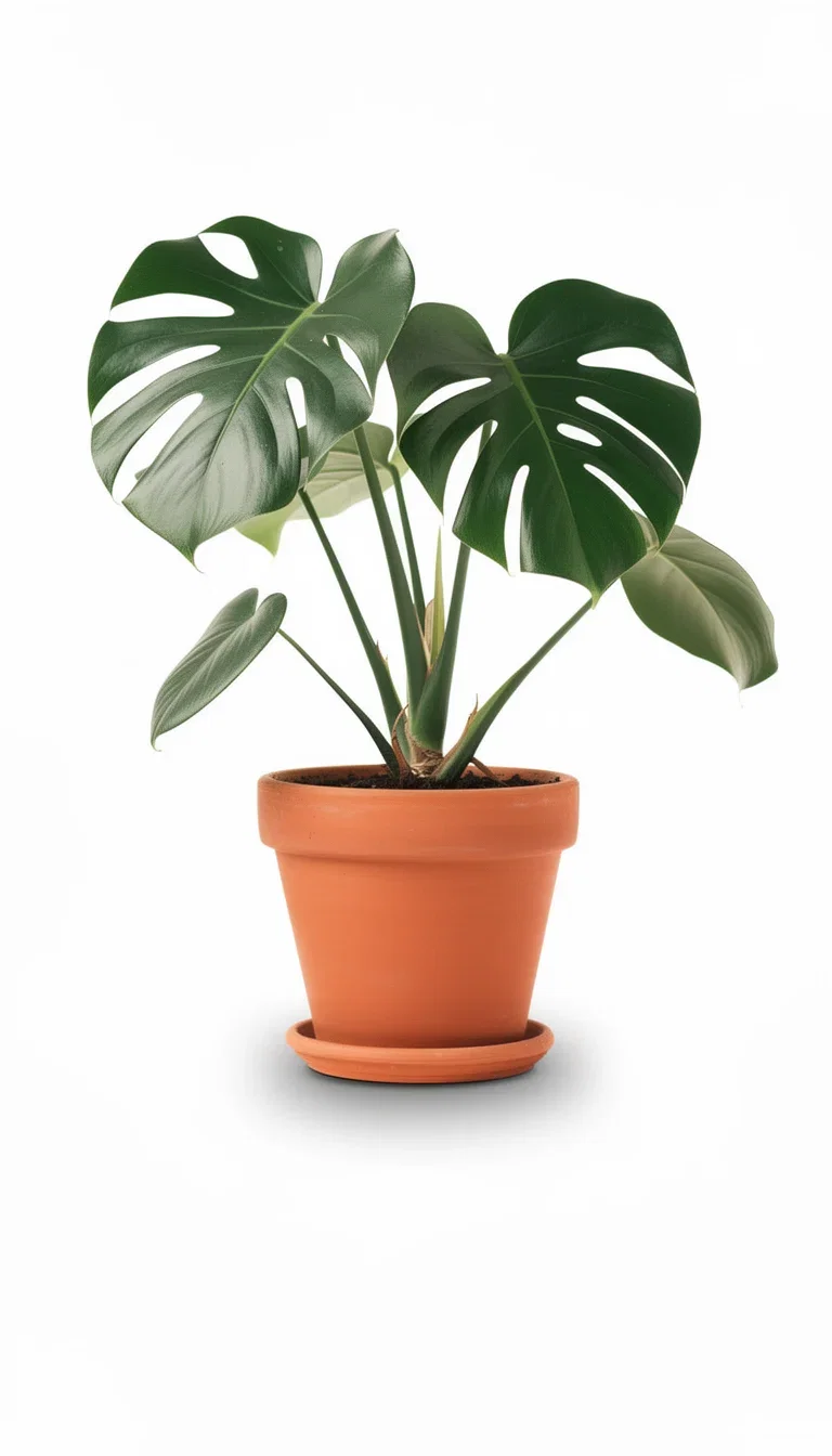 The same monstera and terracotta pot isolated on pure white with a soft shadow after AI background removal on FluxoKit