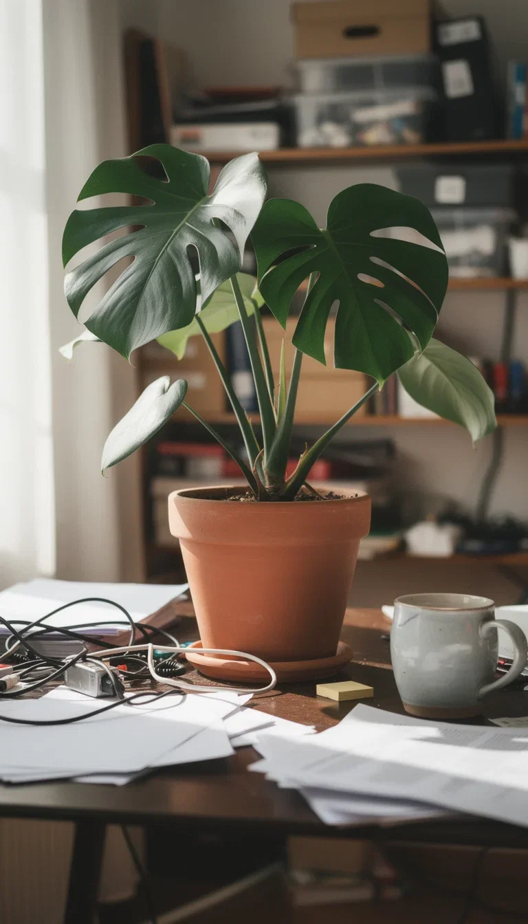 Potted monstera standing on a cluttered desk among papers and cables before AI background removal on FluxoKit