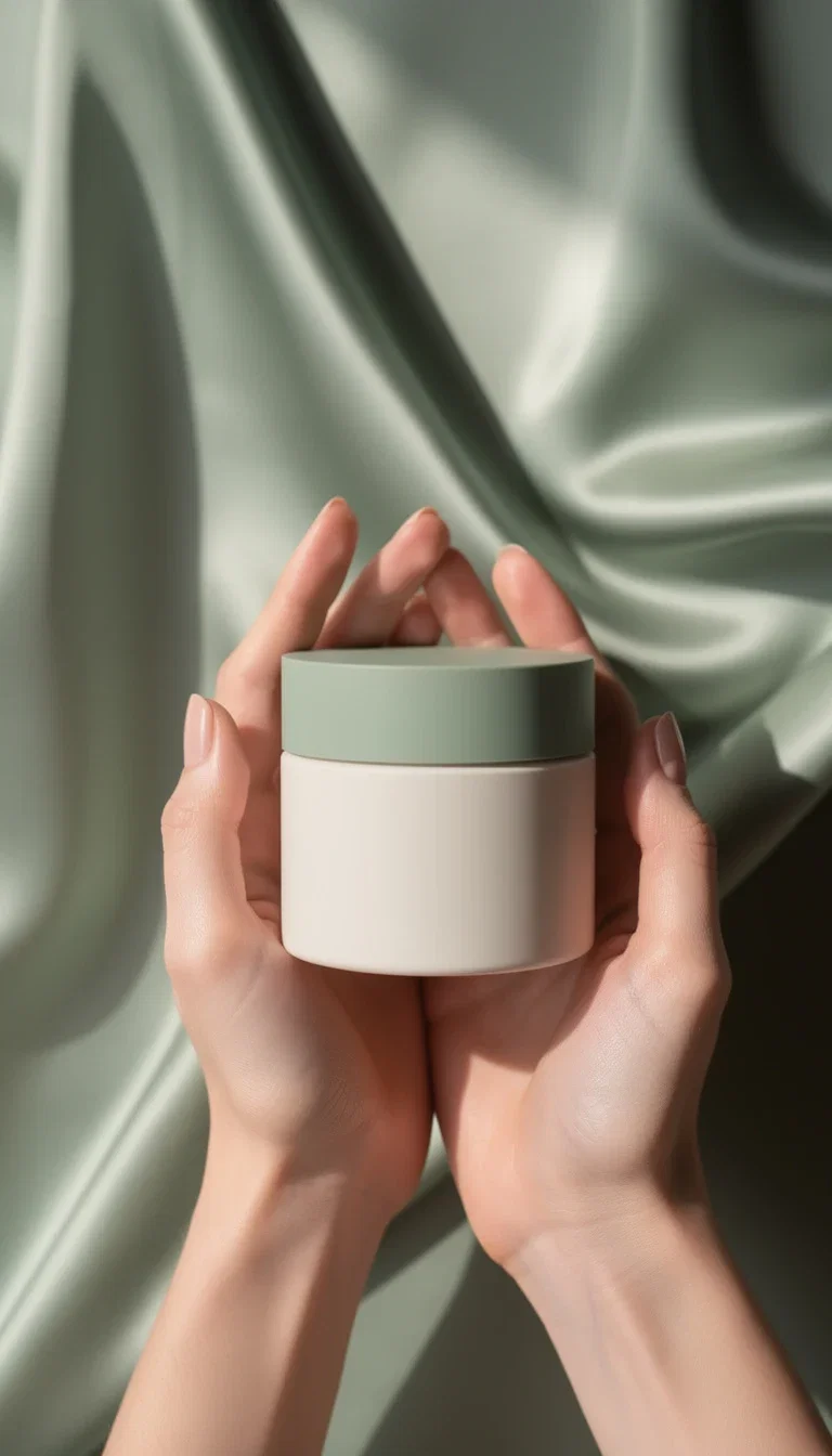 Campaign hero image of hands holding a cream jar over silk for a fictional skincare brand, generated on FluxoKit