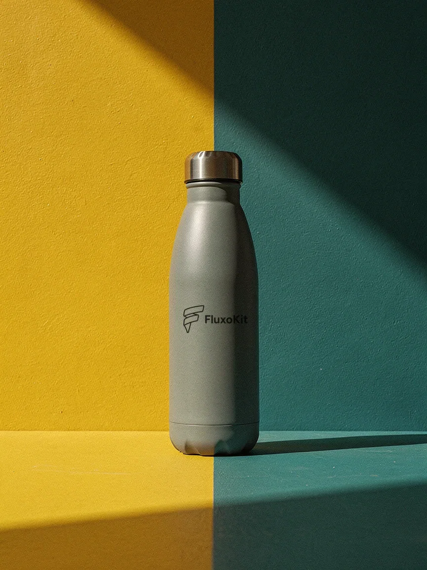 Matte water bottle carrying the FluxoKit logo on a yellow and teal color-block set, brand creative generated on FluxoKit