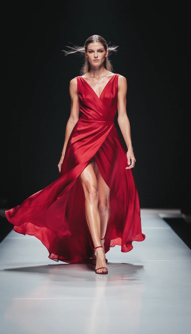 Model in a flowing red dress on a runway, campaign-grade brand creative generated on FluxoKit