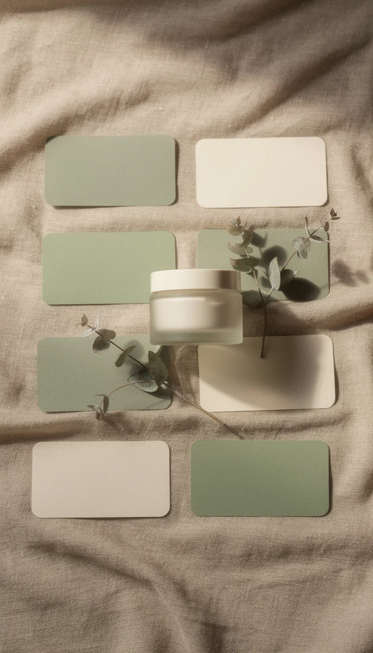 Brand identity board flat-lay for a fictional skincare brand with logo cards and swatches, generated on FluxoKit