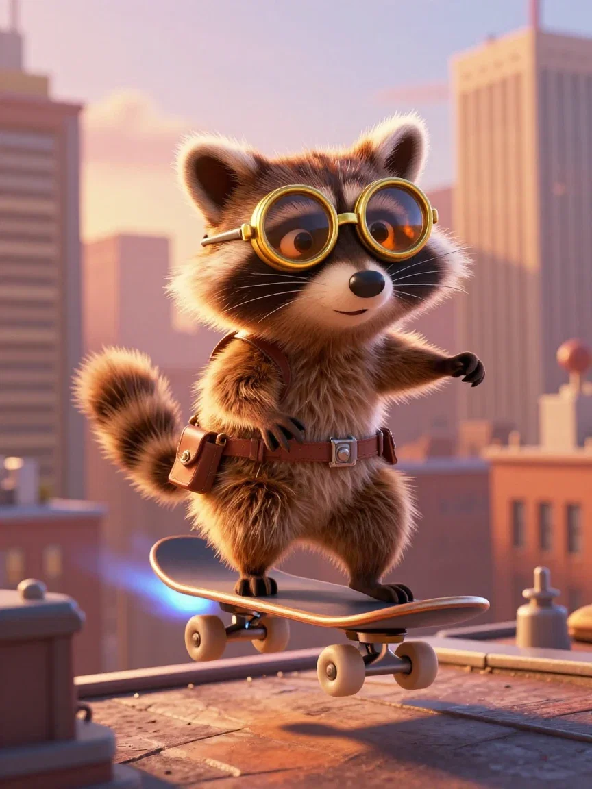 Original raccoon inventor cartoon character riding a rocket skateboard over rooftops in 3D animation style, generated on FluxoKit