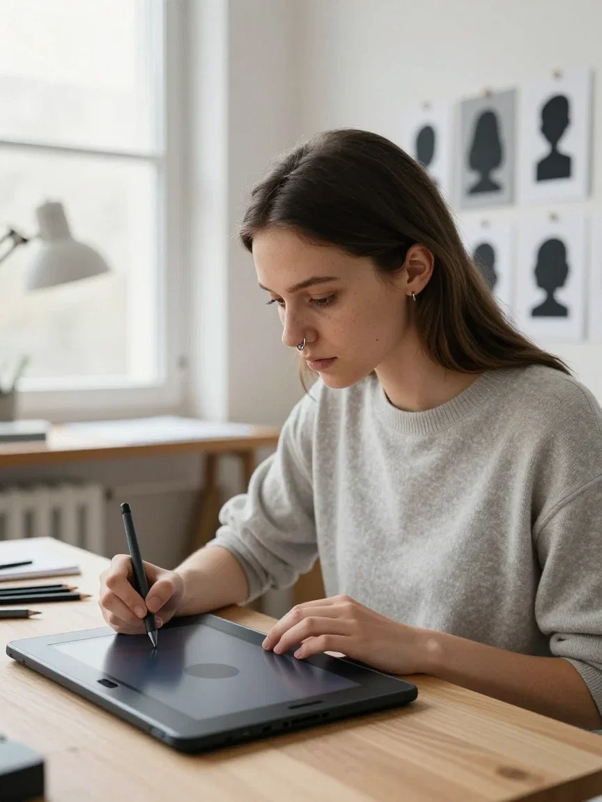 Animator drawing on a pen display in a studio with silhouette cards pinned behind, generated on FluxoKit
