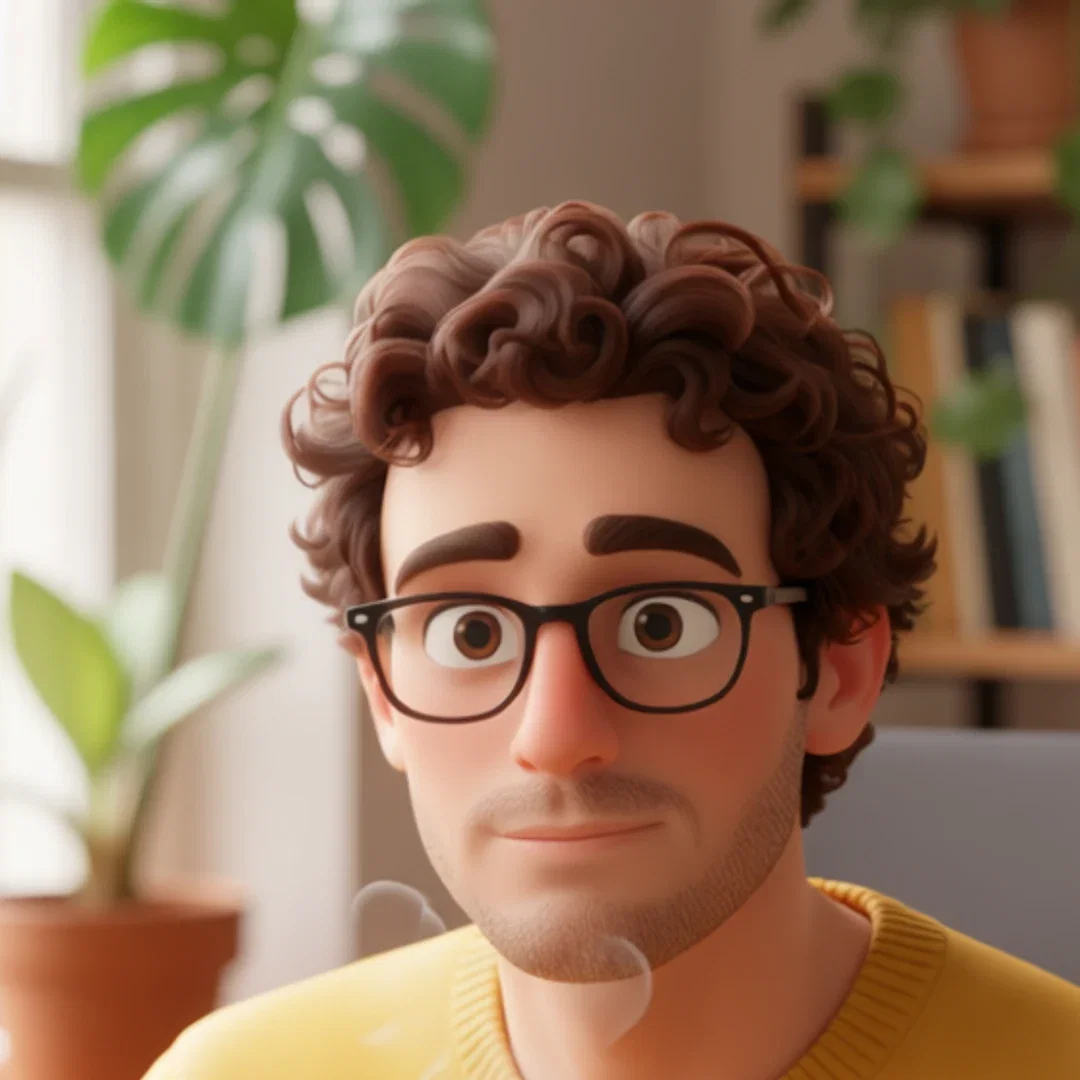 Close crop of the 3D-film conversion's face showing stylized glasses and curls, on FluxoKit