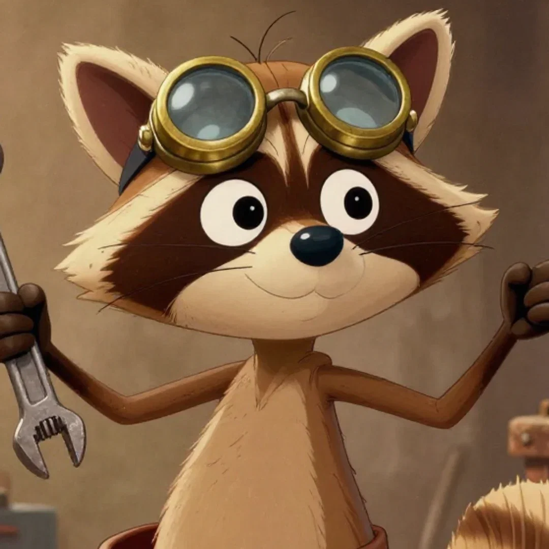 Close crop of the vintage-style raccoon's brass goggles and wrench, generated on FluxoKit