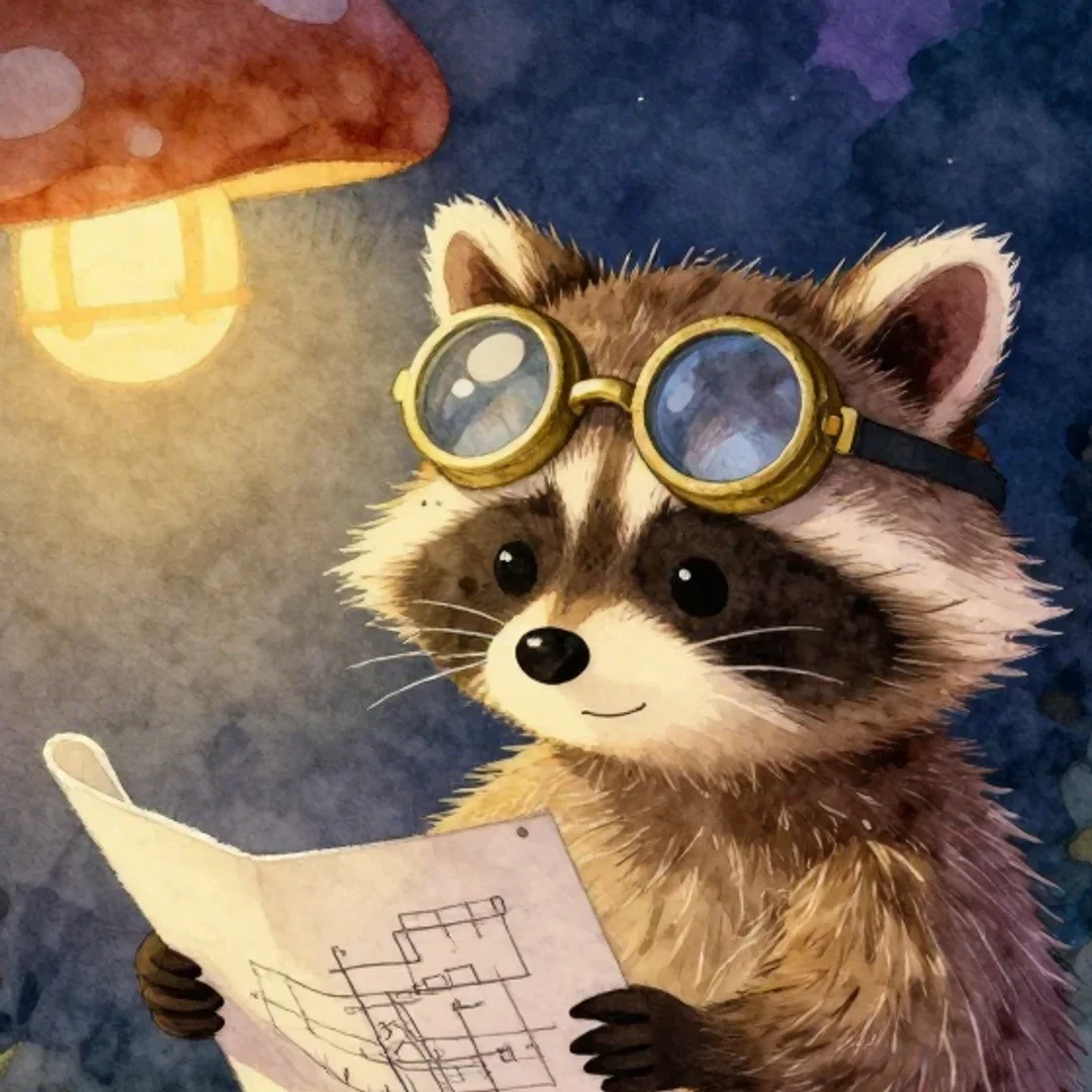 Close crop of the storybook render's watercolor fur and blueprint, generated on FluxoKit