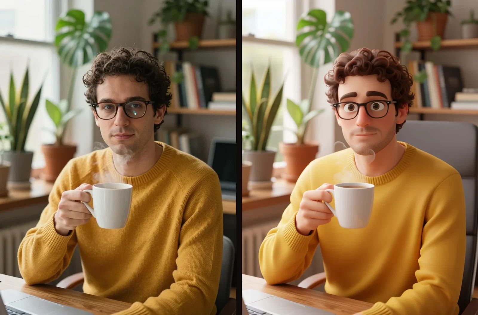 Side by side: a real portrait photo and its 3D animated film conversion with identical glasses, sweater, and office on FluxoKit