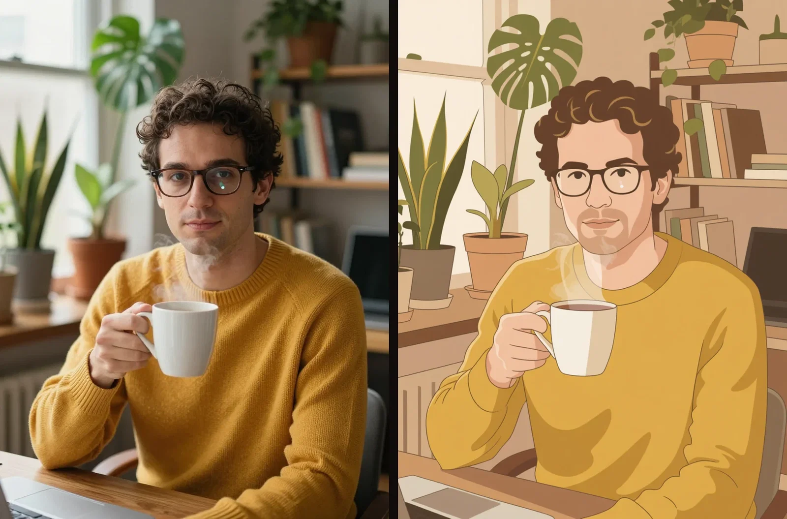 Side by side: the same portrait photo and its flat vector cartoon conversion on FluxoKit