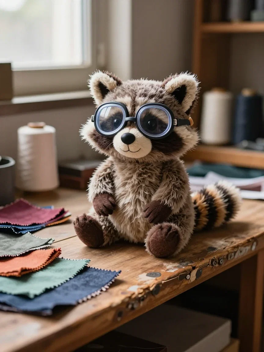 Plush toy prototype of the goggled raccoon mascot on a workshop shelf beside fabric swatches, generated on FluxoKit