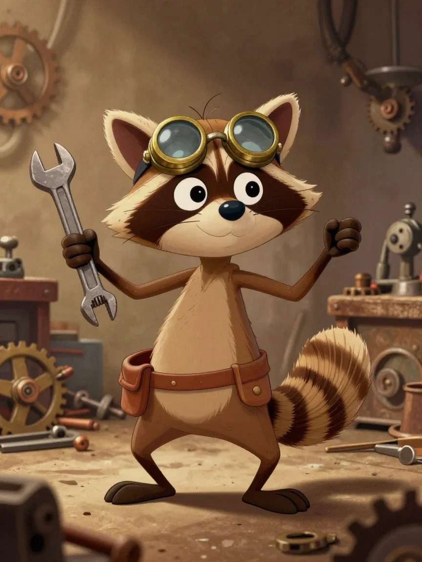 The raccoon inventor dancing with a wrench in a vintage rubber-hose-inspired cartoon style, generated on FluxoKit