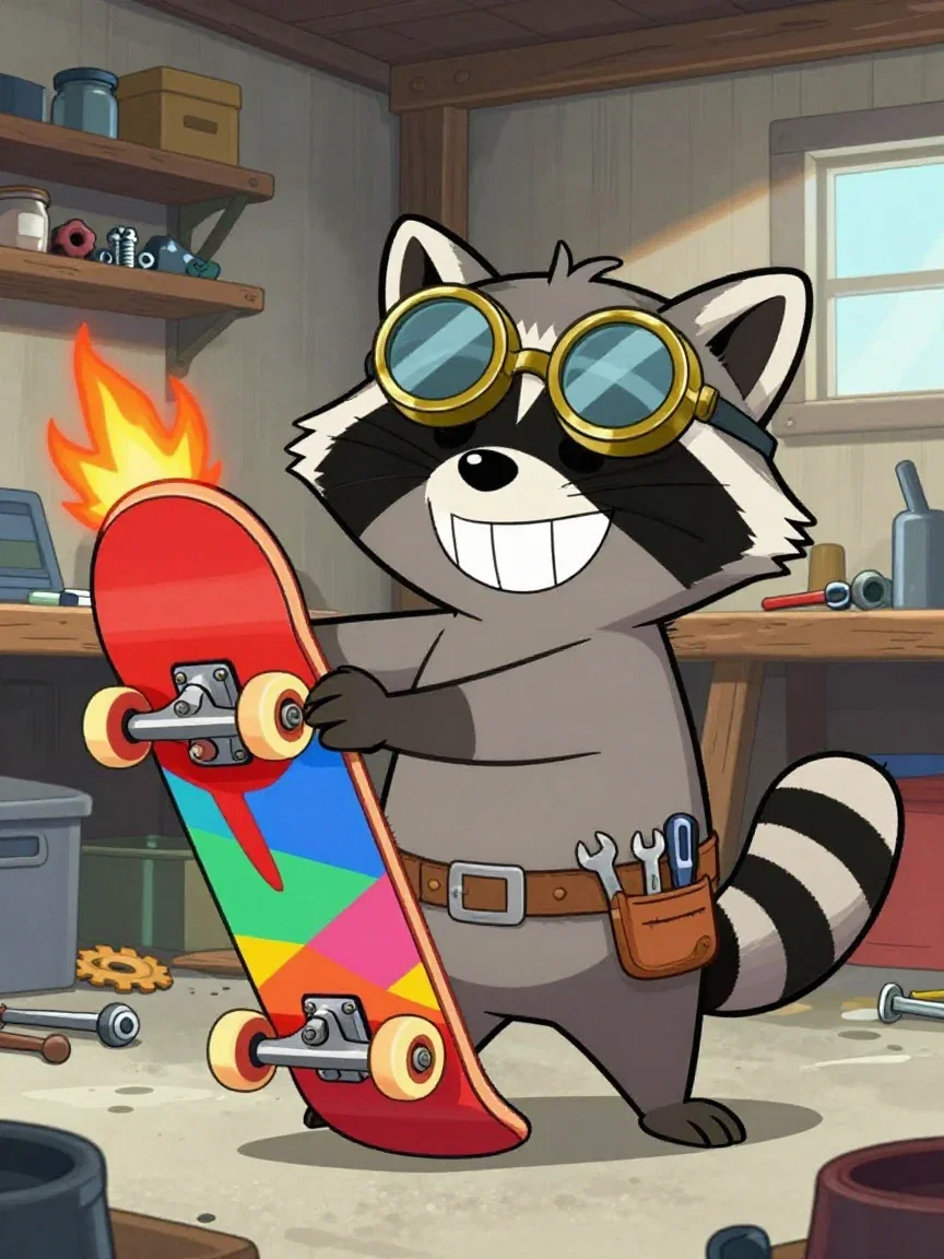 The raccoon inventor presenting a rocket skateboard in Saturday-morning cartoon style, generated on FluxoKit