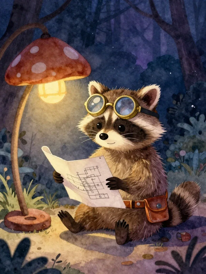 The raccoon inventor reading a blueprint under a mushroom lamp in storybook watercolor style, generated on FluxoKit