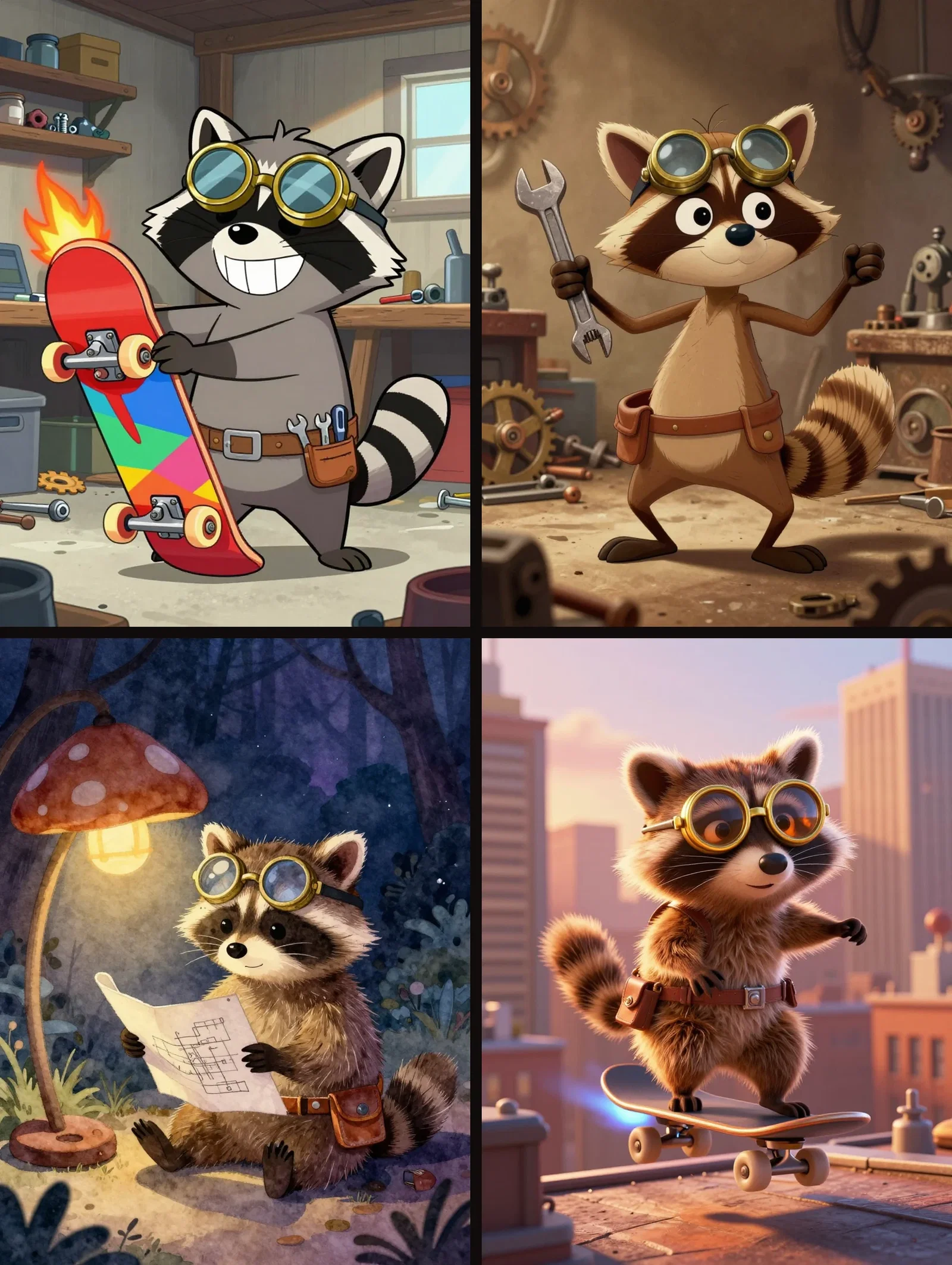 Grid of the raccoon inventor in four cartoon traditions: Saturday-morning cel, vintage rubber-hose-inspired, storybook watercolor, and 3D film, generated on FluxoKit