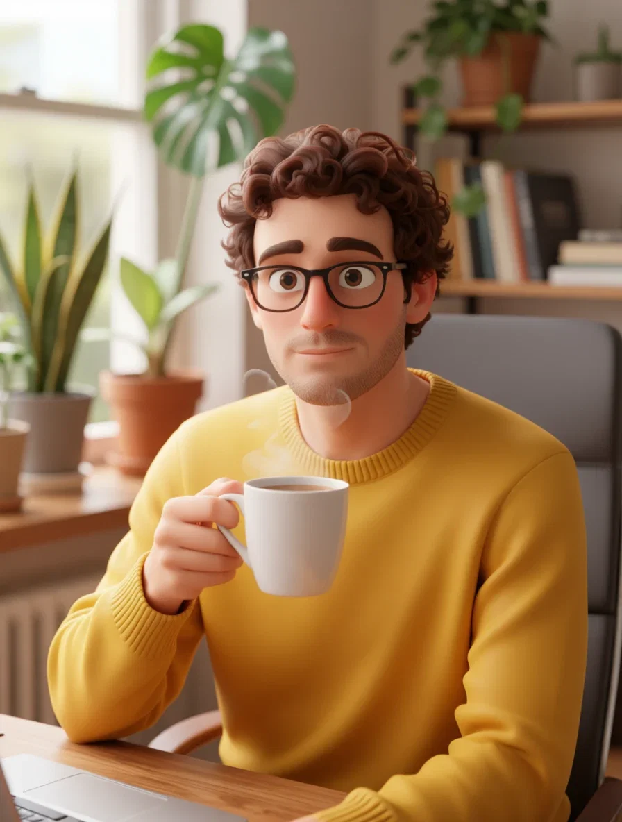 Portrait of a man with glasses converted into a 3D animated film character style, same office and mug, on FluxoKit