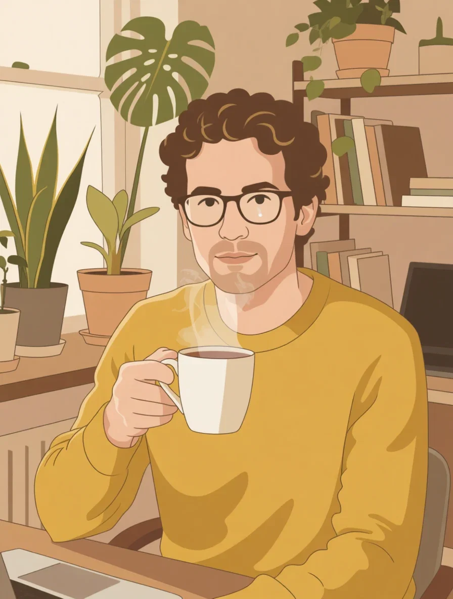 The portrait converted to clean flat vector cartoon art with bold shapes, on FluxoKit