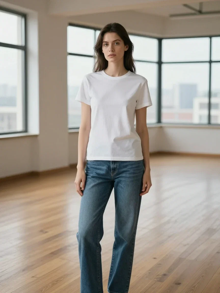 The original base photo: a woman in a plain white t-shirt and jeans in a bright loft, generated on FluxoKit