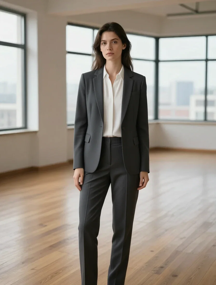 Woman redressed into a charcoal blazer and trousers by an AI clothes edit, identical face and loft background, on FluxoKit