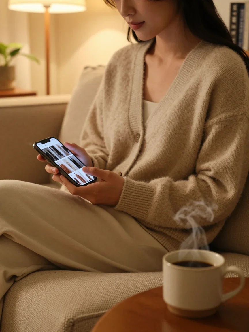 Woman on a couch browsing outfit photos on her phone with a coffee, generated on FluxoKit