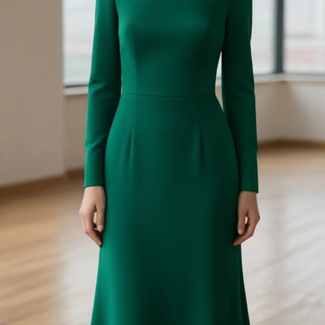 Close crop of the emerald gown's bodice seams and drape from the clothes-change result on FluxoKit