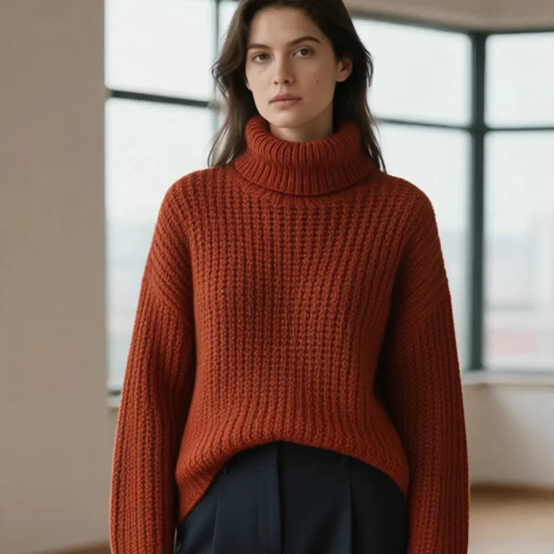 Close crop of the rust turtleneck's knit texture from the clothes-change result on FluxoKit