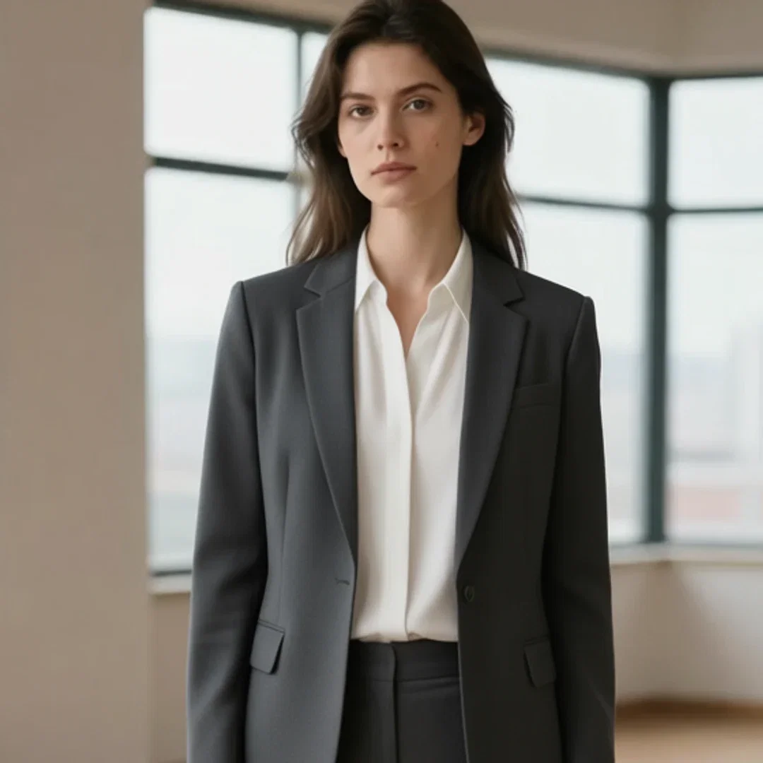 Close crop of the edited blazer's lapels and blouse collar from the clothes-change result on FluxoKit