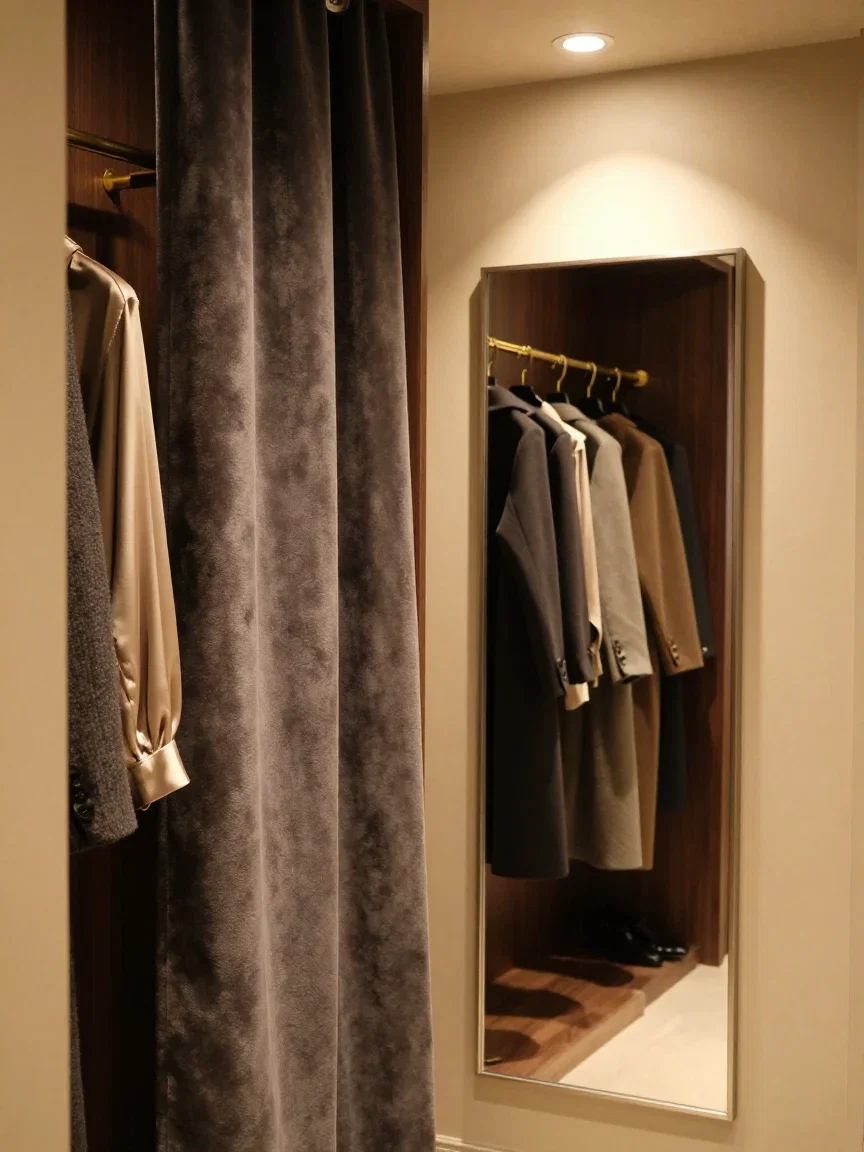 Boutique fitting room with garments on brass hooks and a full-length mirror, generated on FluxoKit
