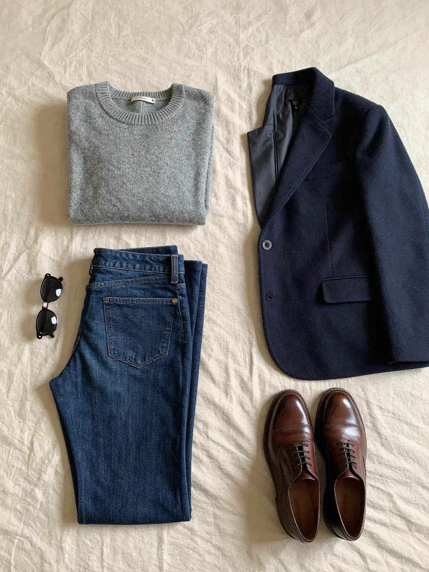 Overhead flat lay of a capsule wardrobe: sweaters, jeans, blazer, and leather shoes on linen, generated on FluxoKit