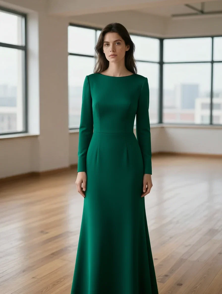 The same woman redressed into an emerald evening gown by an AI clothes edit on FluxoKit