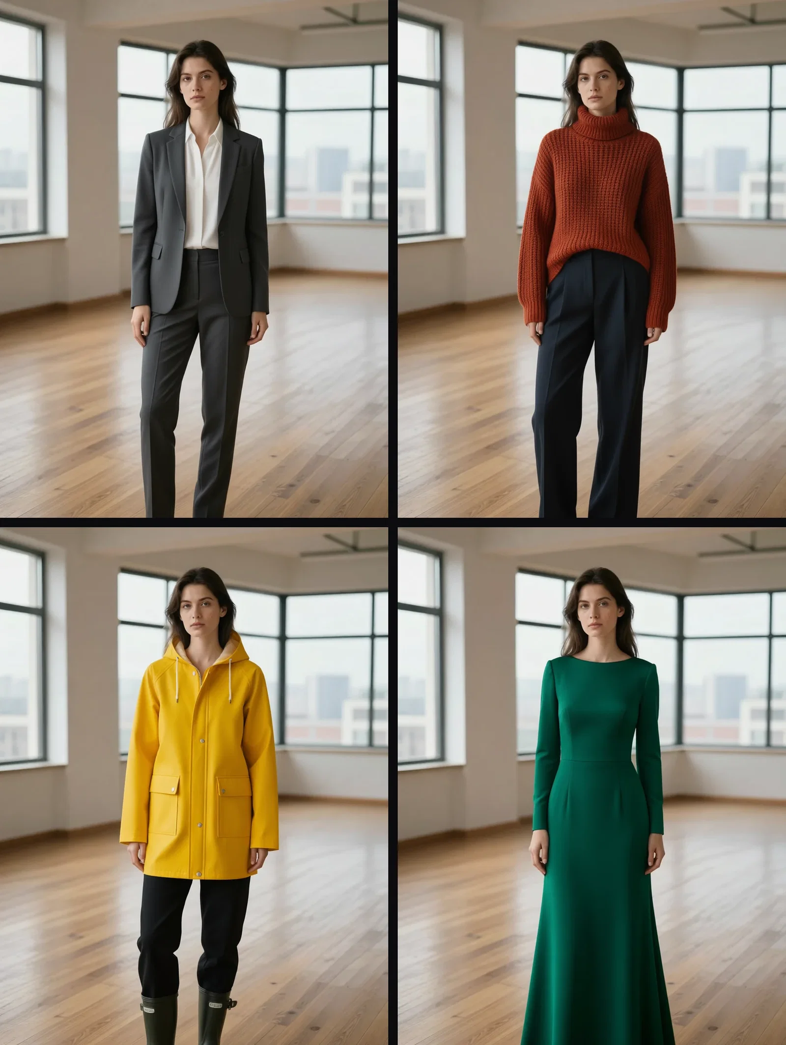 Four outfit edits of the same base photo: blazer, rust turtleneck, yellow raincoat, and emerald gown, all with the same face and loft on FluxoKit