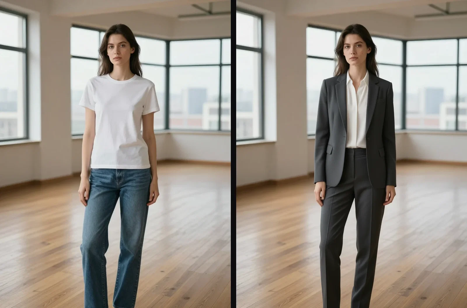 Side by side: the original white t-shirt photo and the same woman in a charcoal blazer after the AI clothes change on FluxoKit