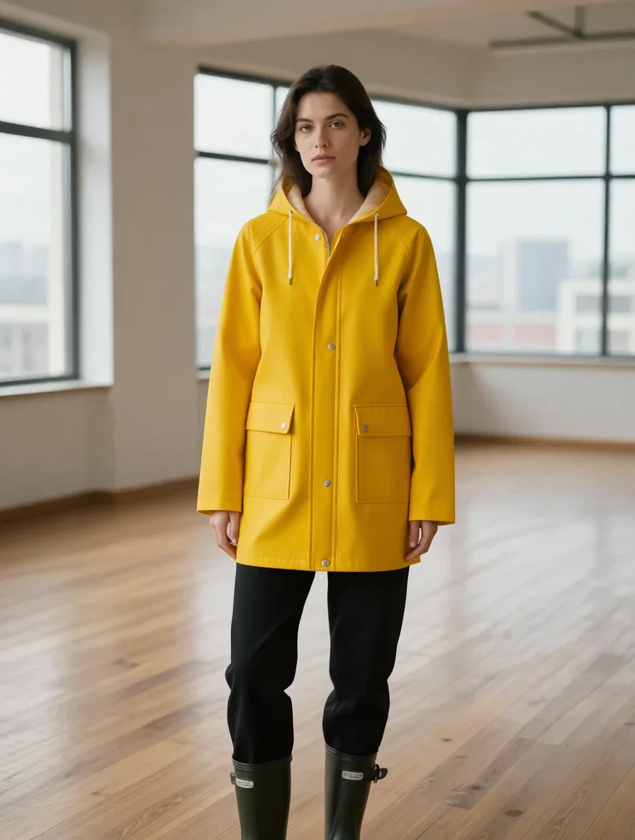 The same woman redressed into a yellow hooded raincoat and boots by an AI clothes edit on FluxoKit