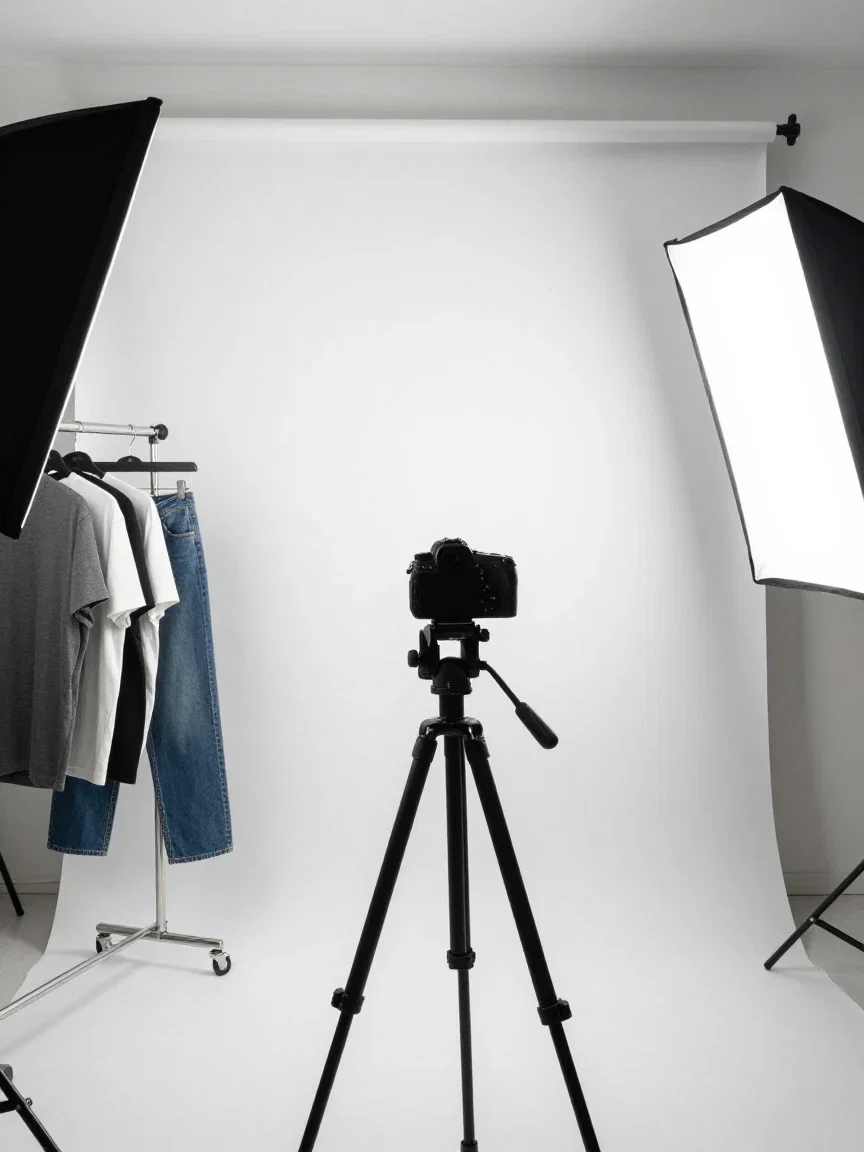 E-commerce photo studio with seamless white backdrop, softboxes, and a clothing rail, generated on FluxoKit