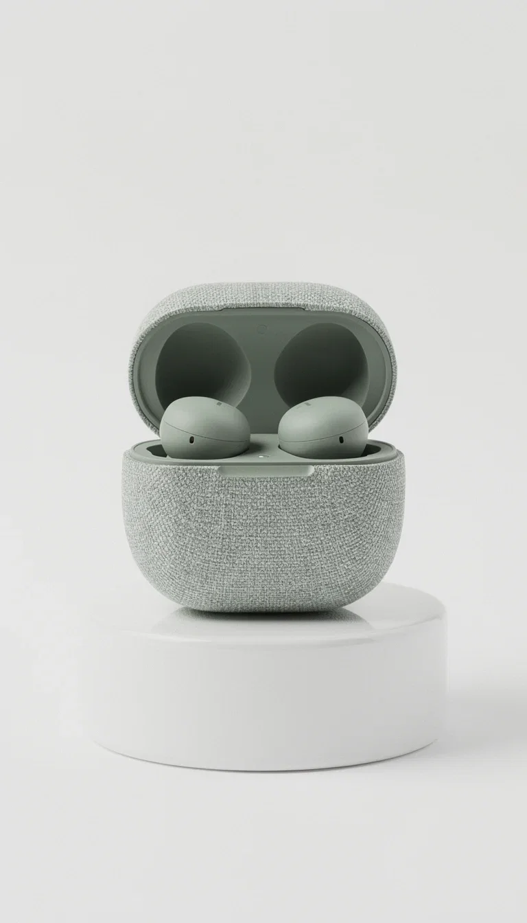 Variant A of an earbuds ad brief: sage pebble earbuds on a bright studio pedestal, one of two generated test variants on FluxoKit