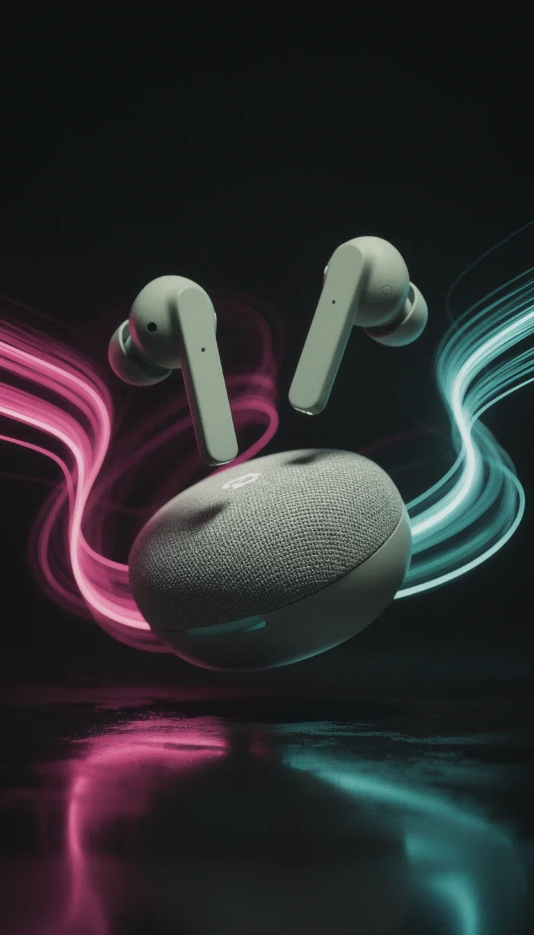 Variant B of the same earbuds ad brief: the product floating between neon light streaks, the second generated test variant on FluxoKit