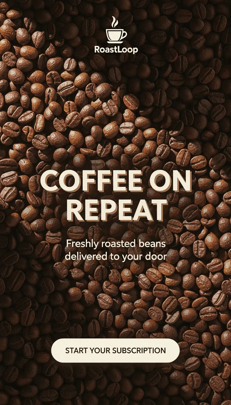 Square display ad for a fictional coffee subscription with overhead beans and bold headline, generated on FluxoKit