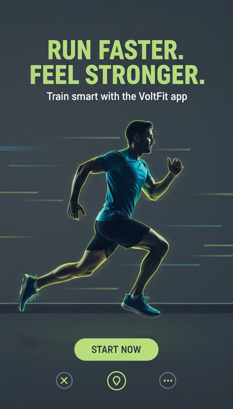 Display banner ad for a fictional fitness app with a runner silhouette and volt-green headline, generated on FluxoKit