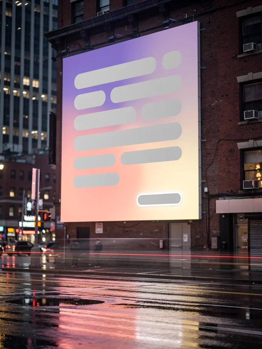 Digital billboard on a rainy night street showing an abstract display creative with a glowing button, generated on FluxoKit
