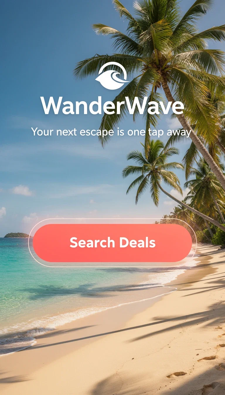 Display banner ad for a fictional travel app with a beach photo and a search-deals button, generated on FluxoKit