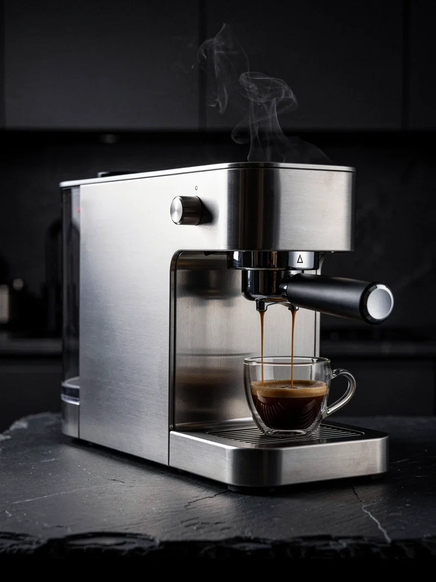 AI-generated product photo of a brushed-steel espresso machine with steam on a dark slate counter, made on FluxoKit
