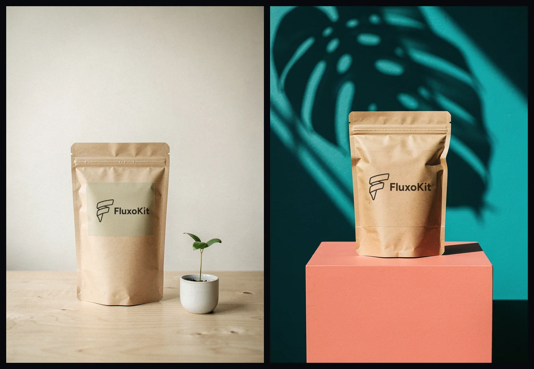 Diptych of one FluxoKit-labeled coffee pouch rendered in a Scandinavian-minimal brand world and a bold tropical brand world, made on FluxoKit