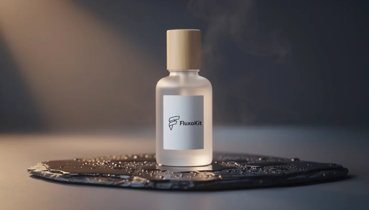 AI-generated product commercial of a FluxoKit-branded serum bottle on wet slate with steam and an amber light sweep, made on FluxoKit