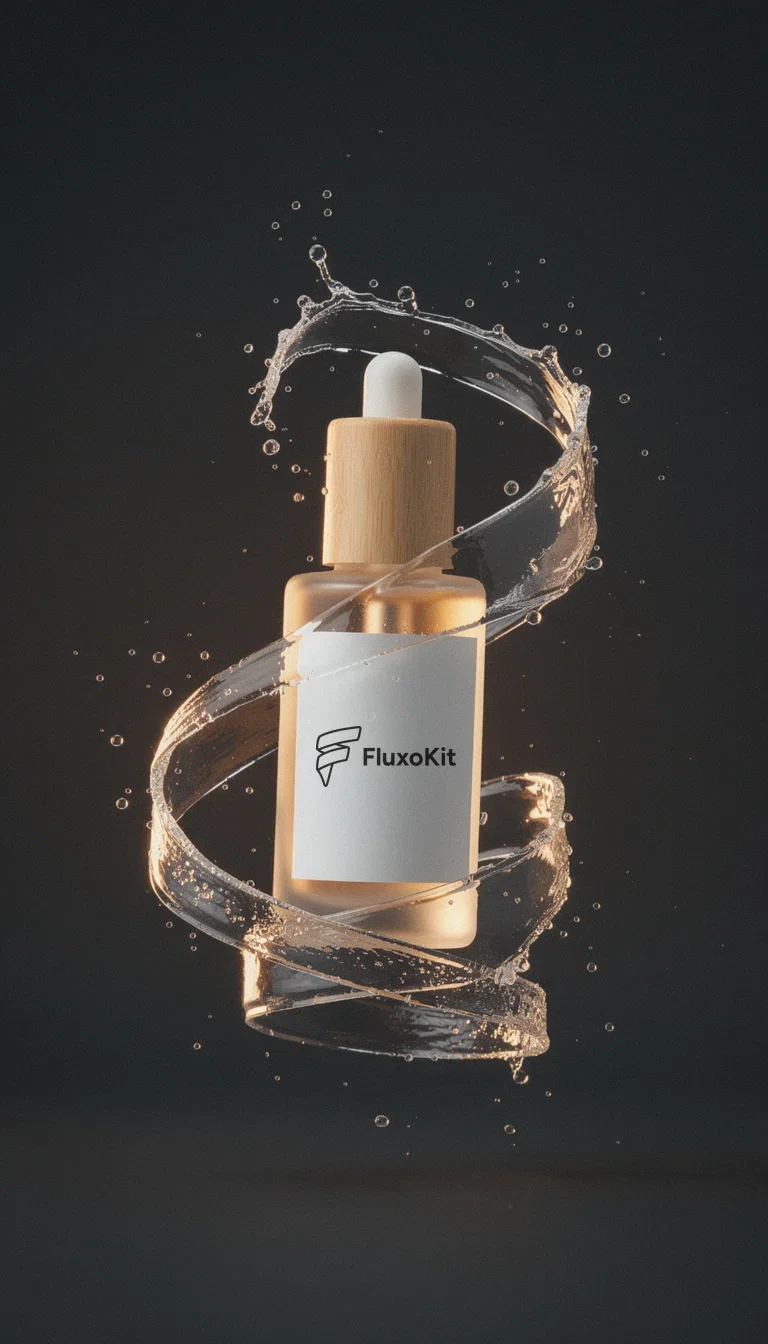 AI-generated cosmetics hero ad of a FluxoKit-branded serum bottle suspended in a ribbon of water splash with amber backlight, made on FluxoKit