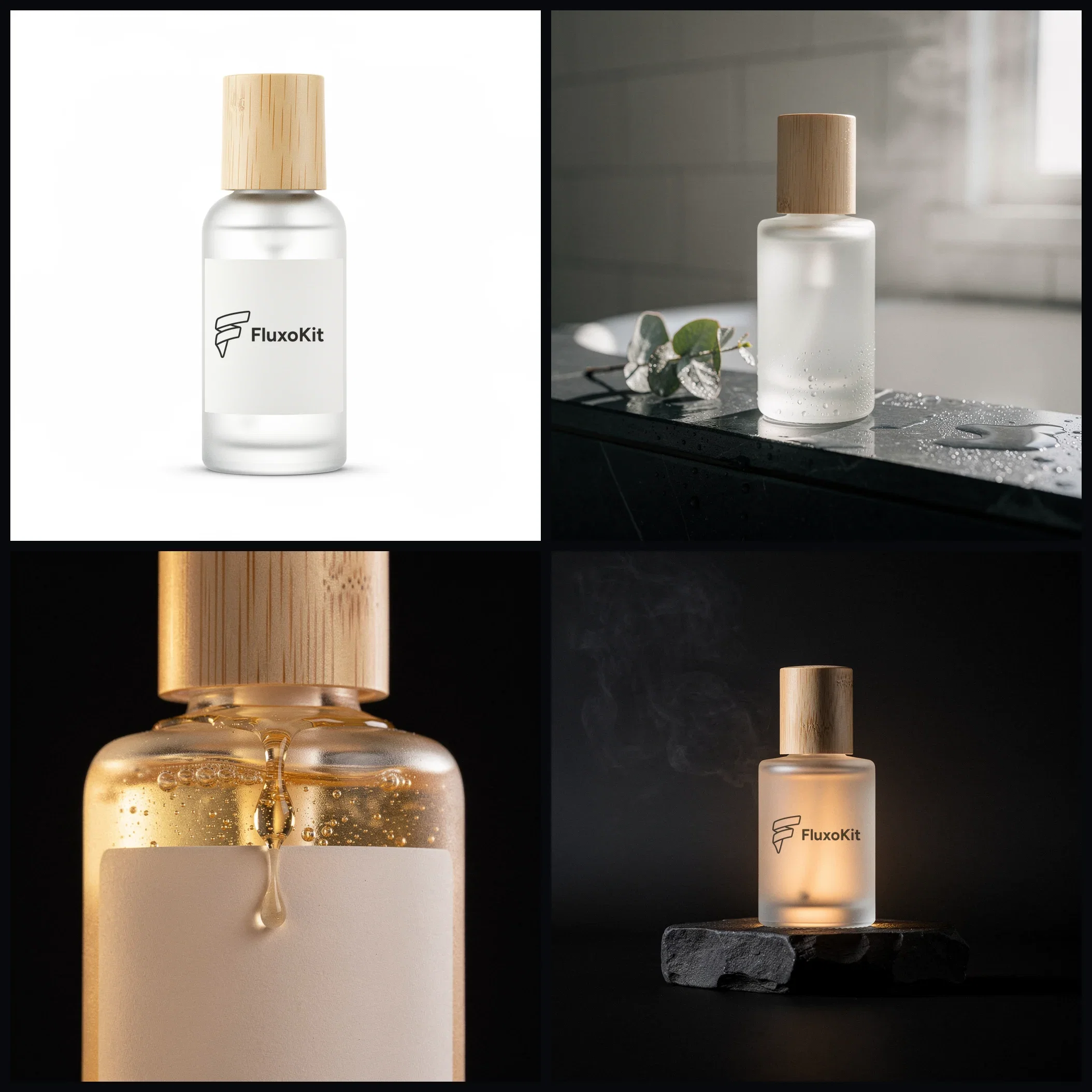 Grid of four AI-generated ecommerce renders of one FluxoKit-branded serum bottle: white-background PDP, bathroom lifestyle, texture macro, and dark campaign hero, made on FluxoKit