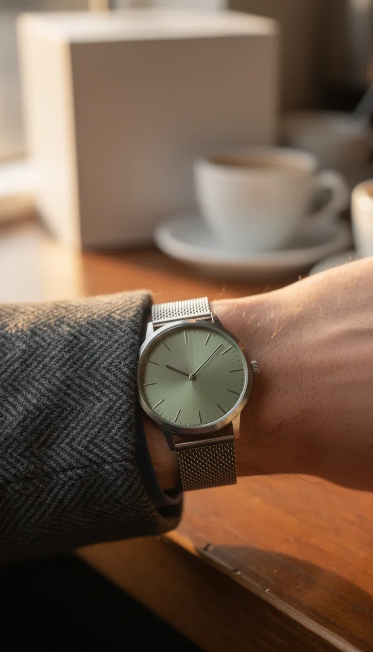 AI-generated lifestyle photo of a minimalist sage-dial watch worn on a wrist in cafe light, made on FluxoKit