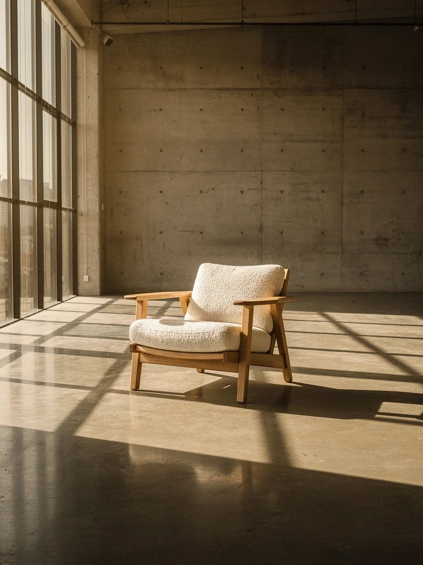 AI-generated furniture catalog photo of an oak lounge chair with a boucle cushion in a sunlit loft, made on FluxoKit
